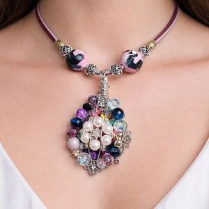 Artisan Jewelry Crystal Cluster Pendant Necklace on Leather Cord Handmade OOAK